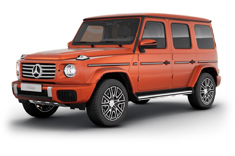 Mercedes-Benz G-Class in orange exterior color with iconic boxy SUV design and premium alloy wheels