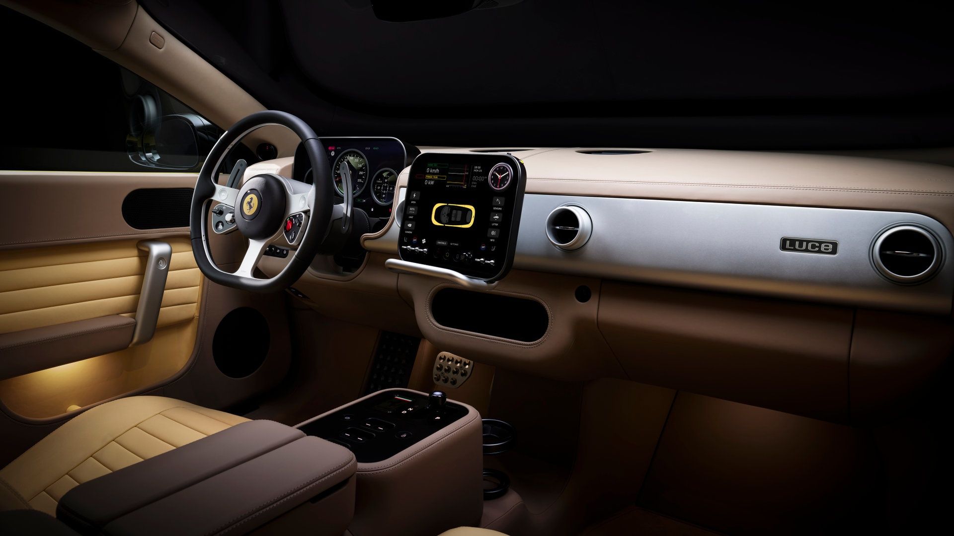 Ferrari Luce premium interior with digital cockpit and luxury cabin design