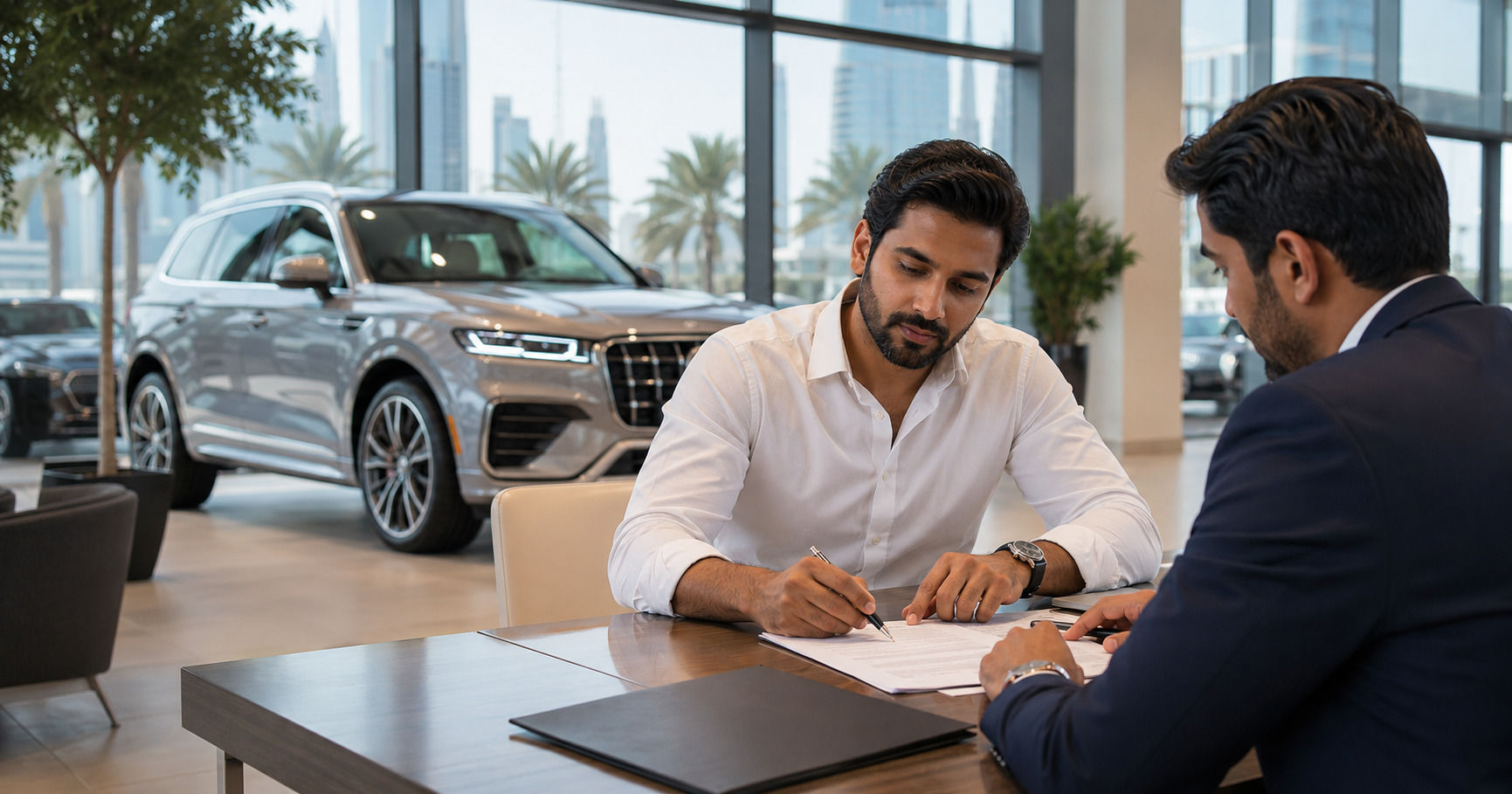 A car buyer reviewing finance documents at a Dubai dealership with an SUV visible in the background