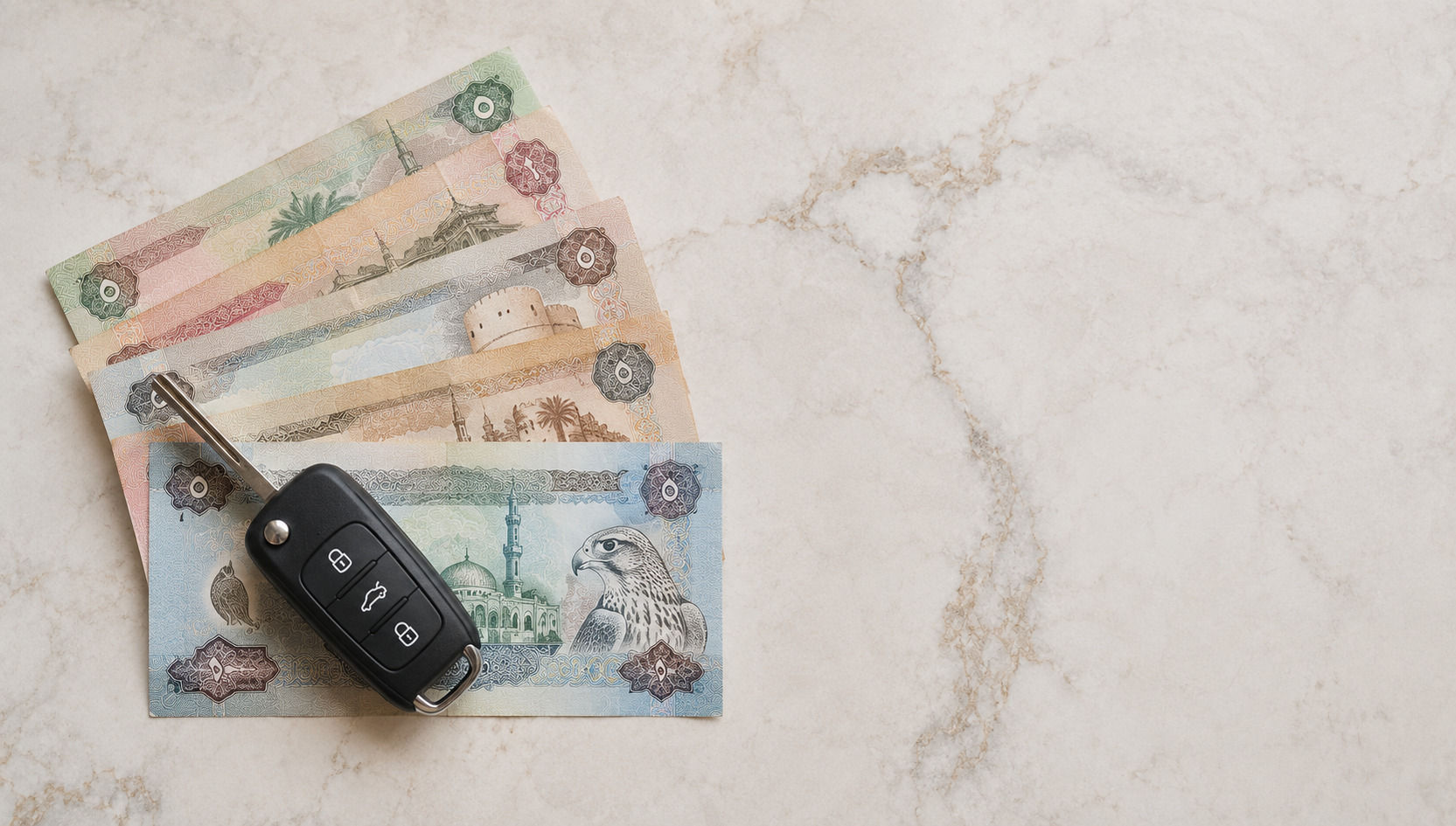 AED currency notes and car keys on a marble surface representing a car down payment in the UAE
