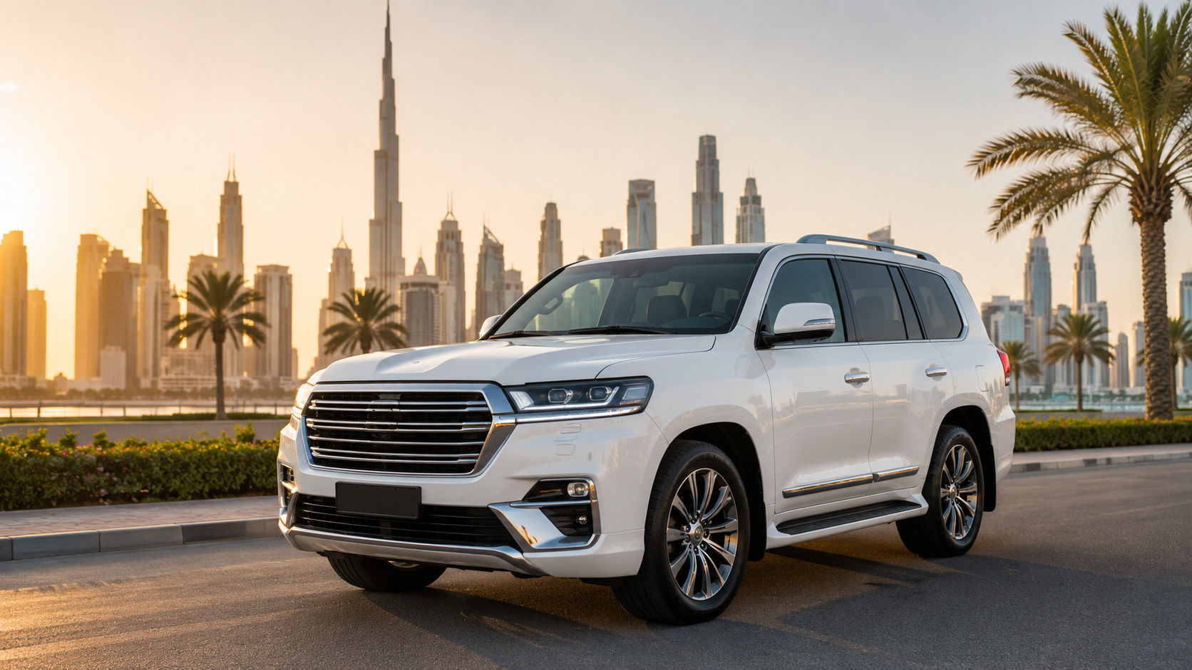 A white luxury SUV parked in Dubai with the city skyline in the background