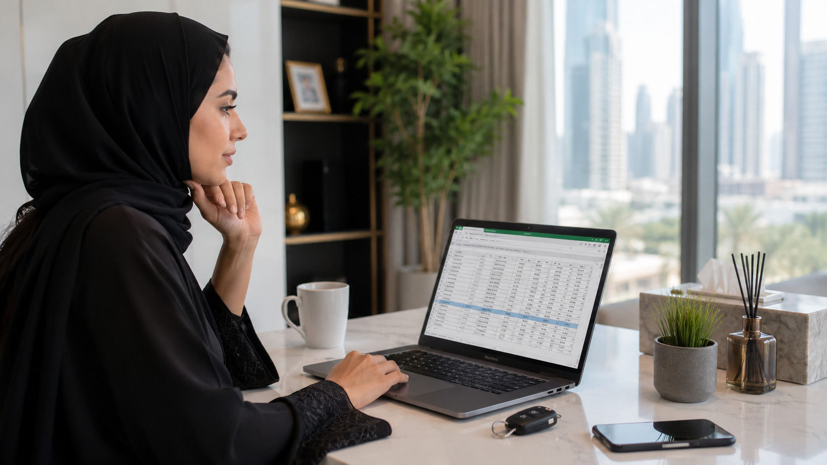 A woman reviewing car ownership costs on a laptop with car keys on her desk