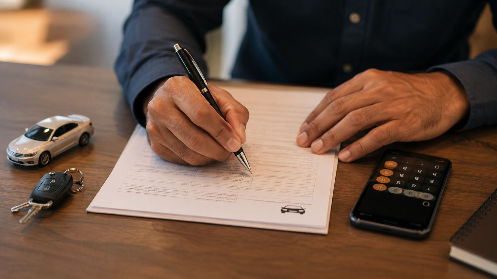 A person writing on a car loan document with a calculator app open on a smartphone