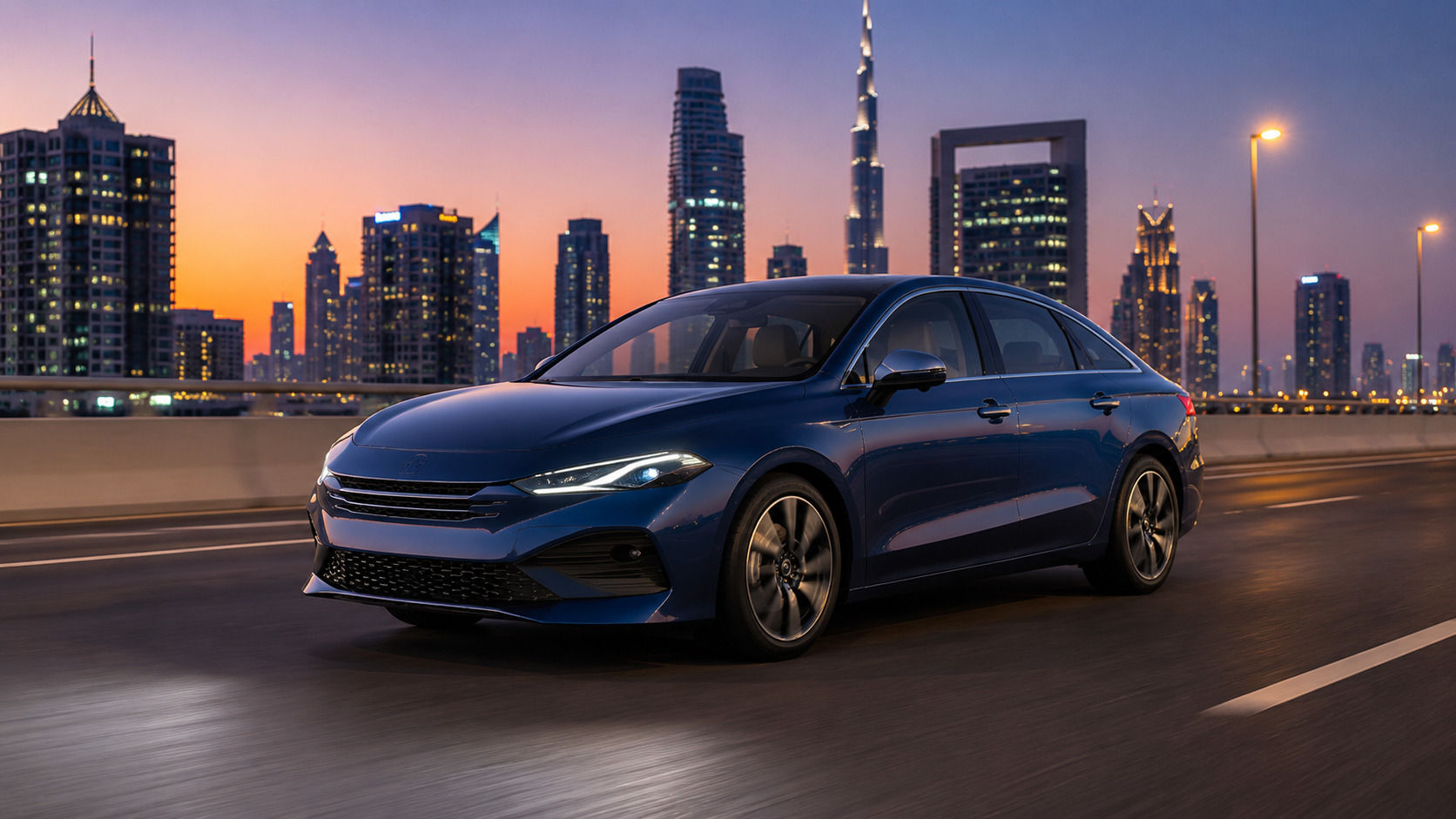 2026 MG 8 PHEV in midnight blue driving on a UAE highway at dusk