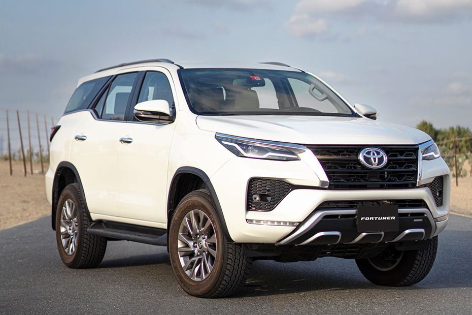 Toyota Fortuner front three-quarter view showcasing its bold SUV design and road presence
