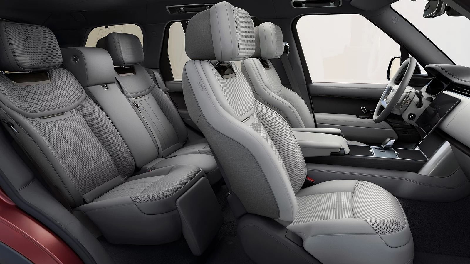 2027 Range Rover interior featuring grey leather seats and spacious second-row cabin