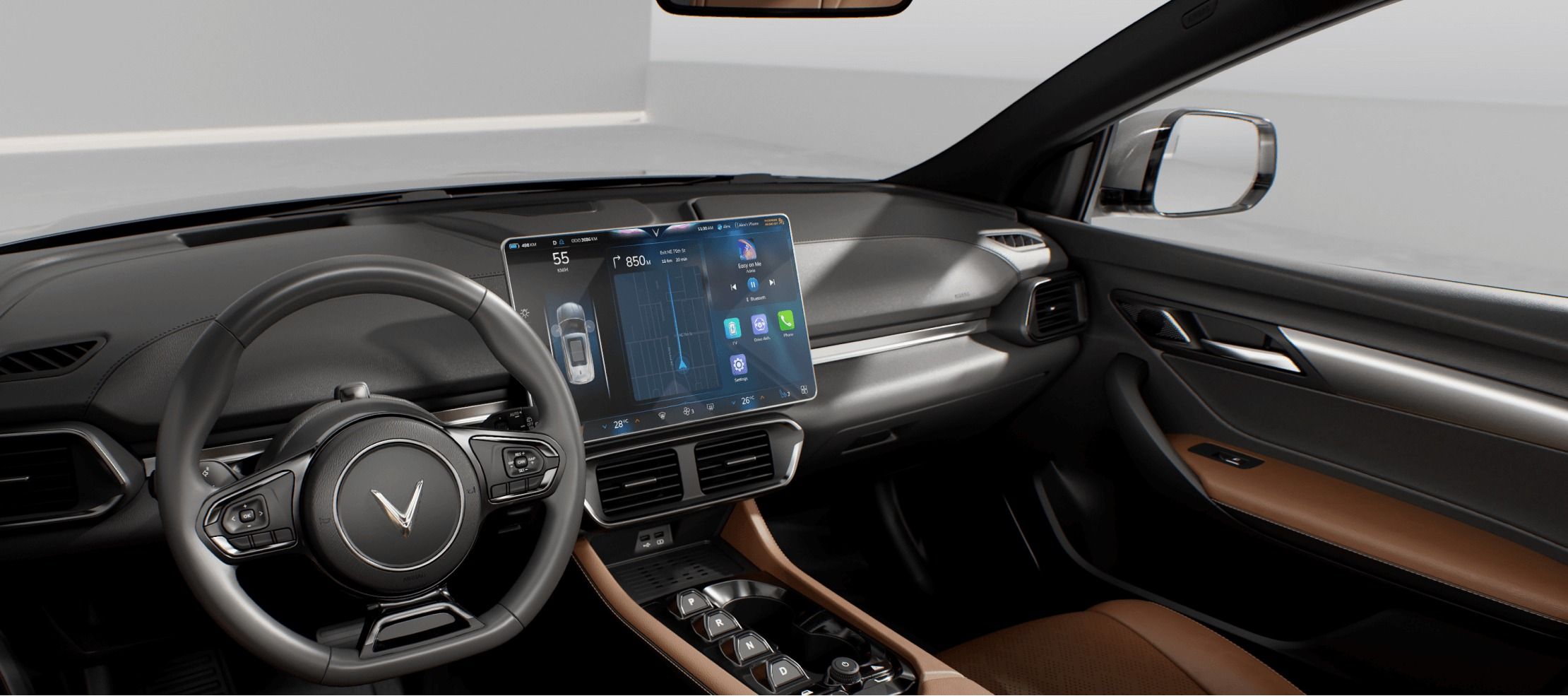 VinFast VF 8 interior featuring large touchscreen infotainment system and modern dashboard