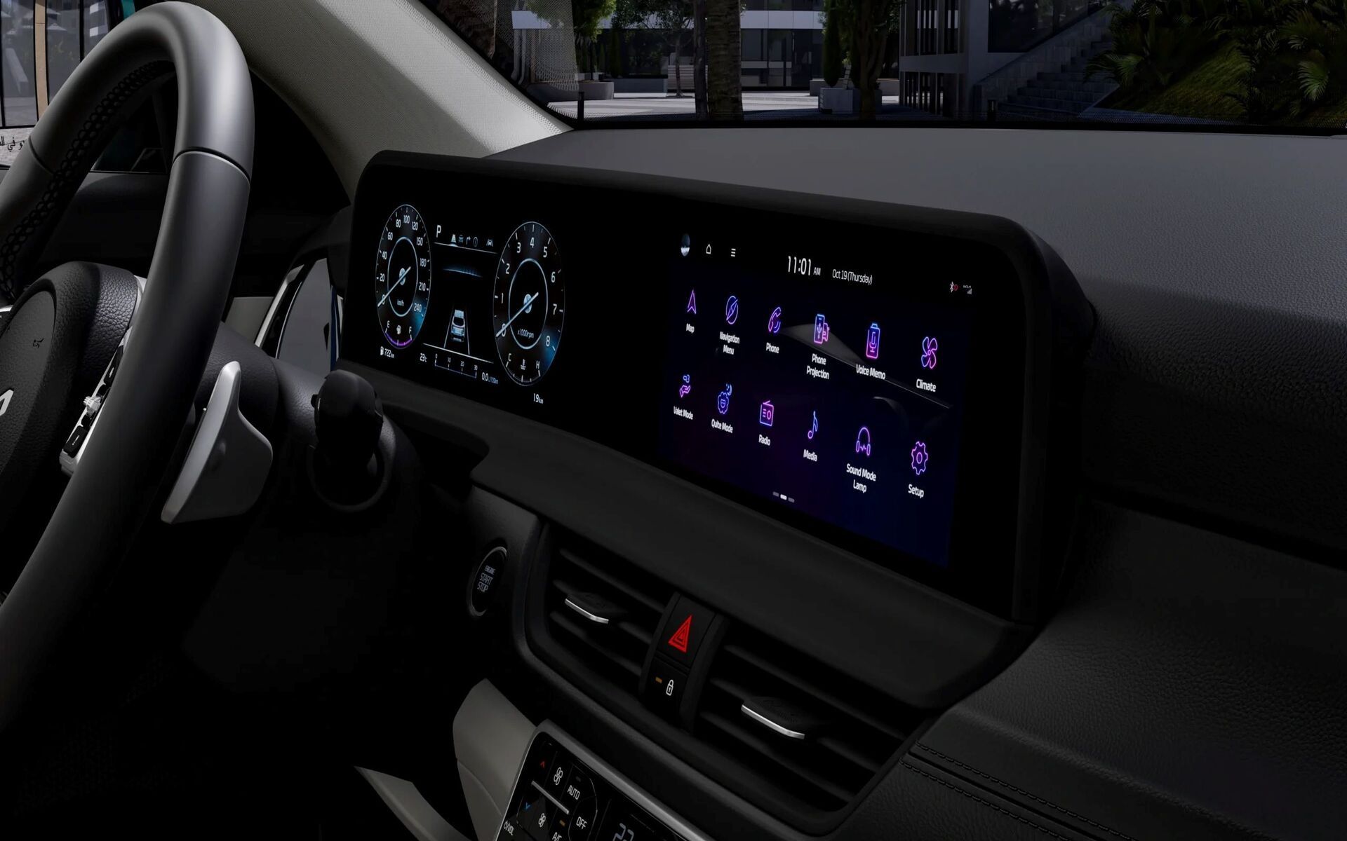 Kia Seltos panoramic dual-display dashboard with digital instrument cluster and infotainment touchscreen.