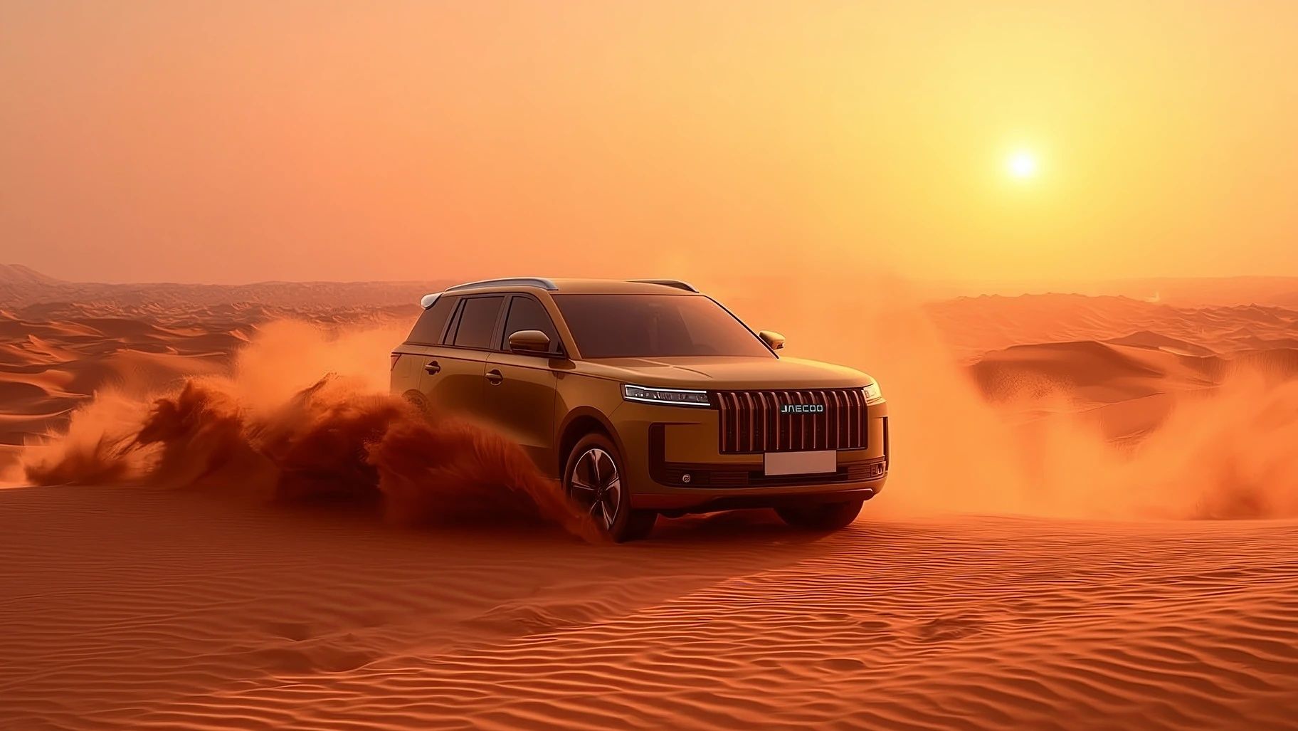 Jaecoo J5 SUV driving through desert dunes, showcasing off-road capability and rugged design