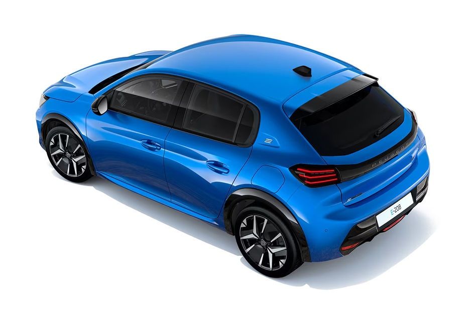 Blue Peugeot E-208 showcasing its rear design, LED taillights, and sporty electric hatchback styling