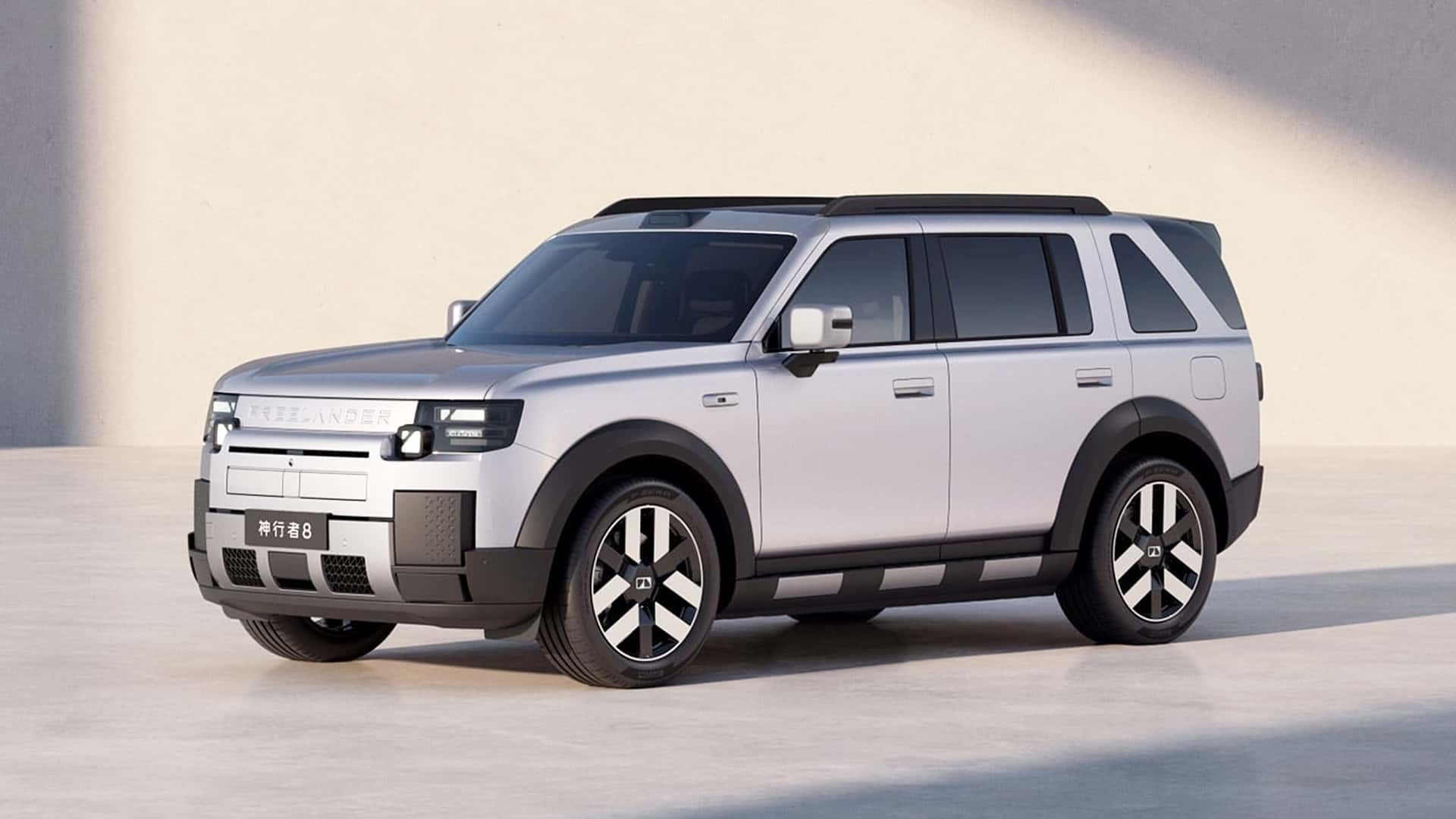 Front three-quarter studio view of the new Freelander 8 electrified SUV with modern LED lighting and rugged styling.
