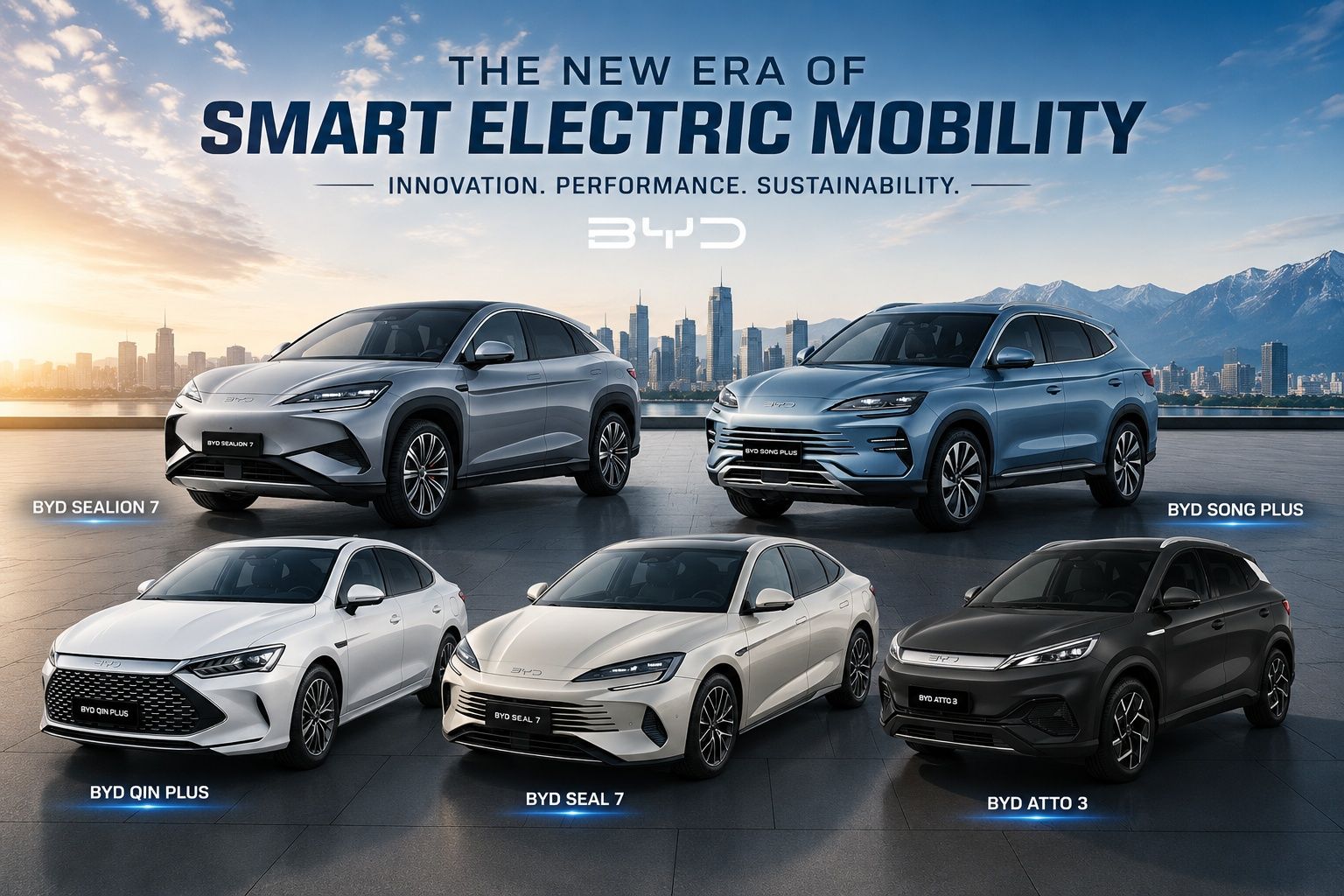 BYD electric vehicle lineup featuring Sealion 7, Song Plus, Atto 3, Seal 7, and Qin Plus
