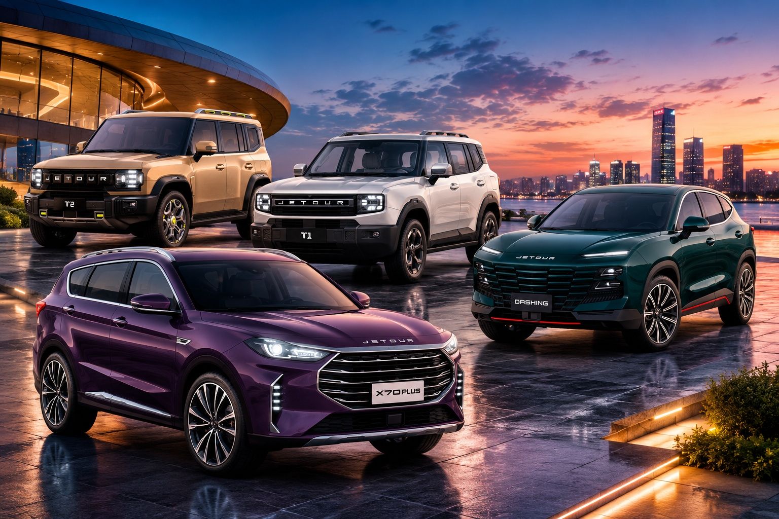 Jetour vehicle lineup showcased at a luxury coastal sunset setting.