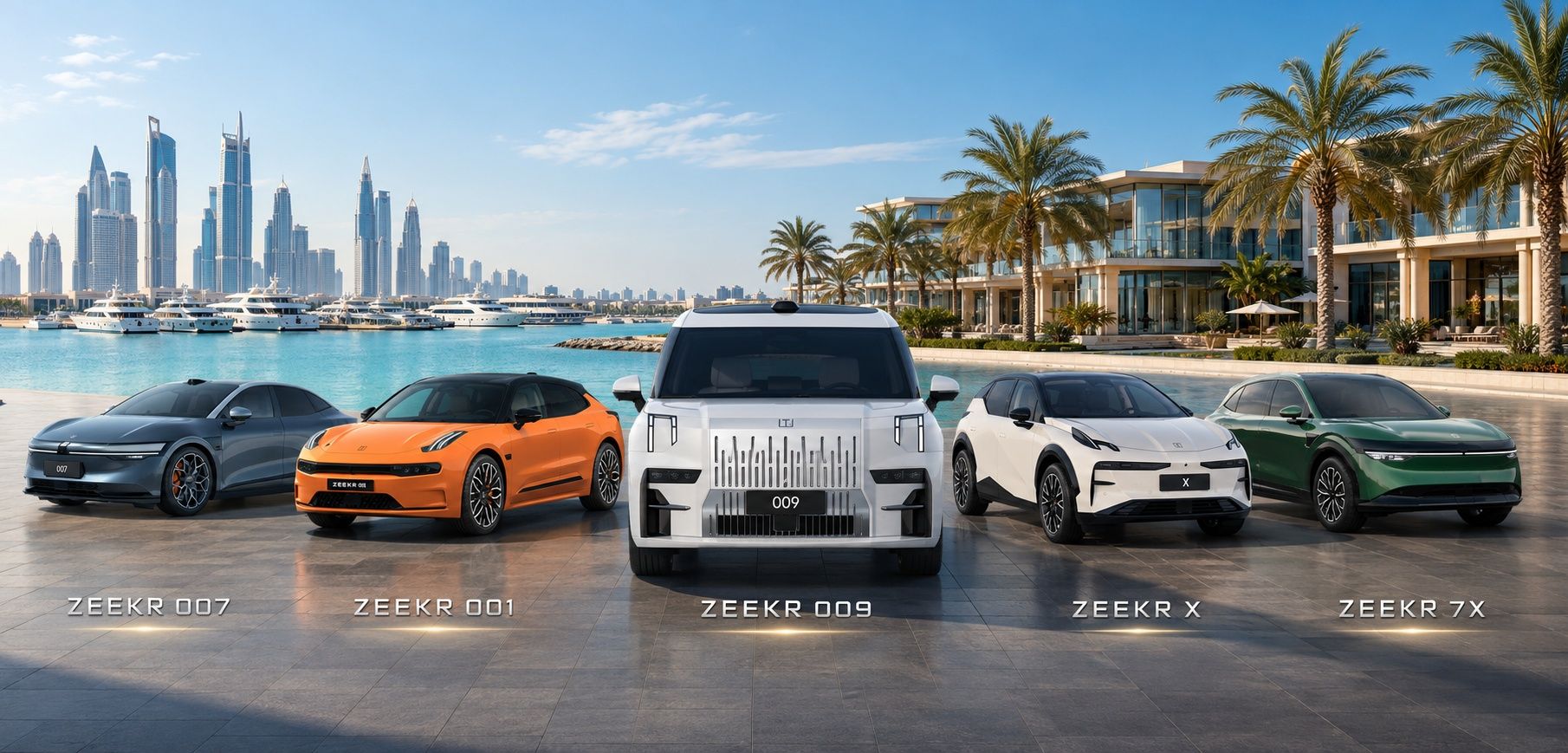 ZEEKR EV lineup showcased at a luxury Dubai marina waterfront