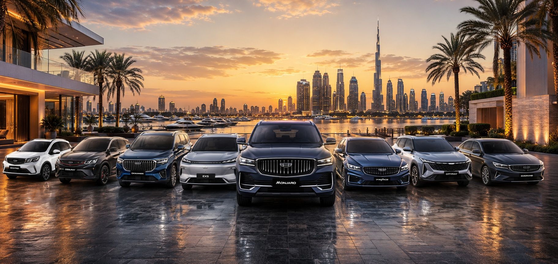 Geely lineup with SUVs and sedans