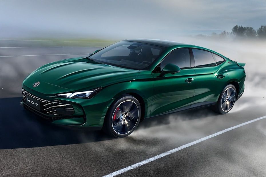 Green MG 7 sports sedan front three-quarter view