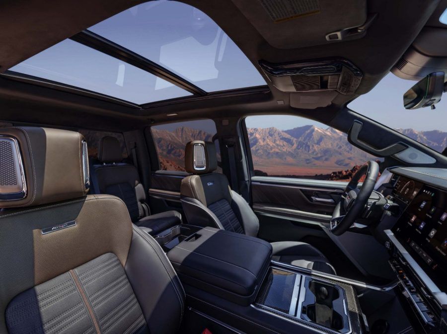 The redesigned 2027 GMC Sierra Denali Ultimate interior featuring premium leather seats, panoramic sunroof and a spacious cabin.