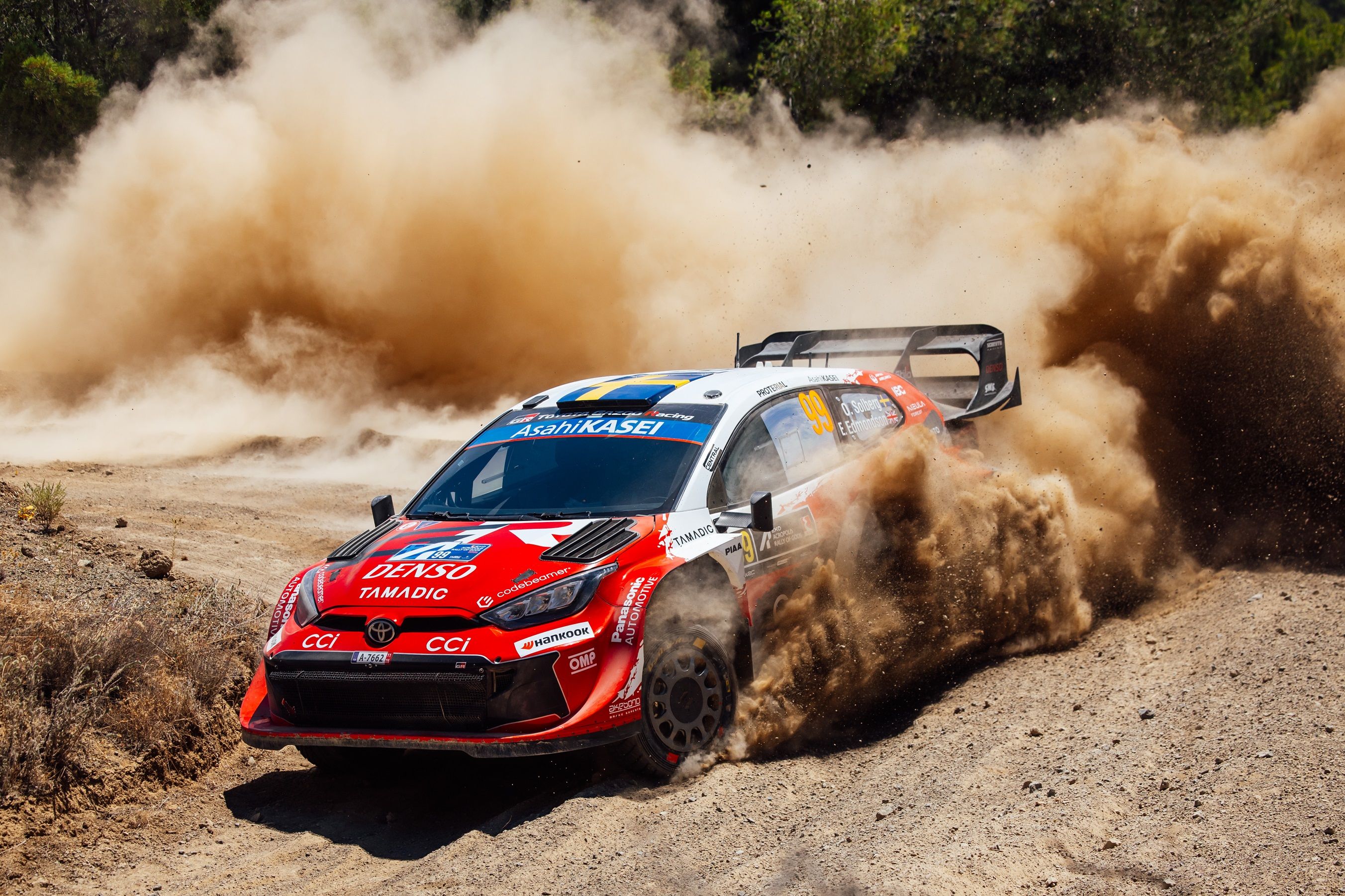 Toyota GR Yaris Rally1 driven by Sébastien Ogier powers through a dusty gravel stage during the 2026 Acropolis Rally Greece.