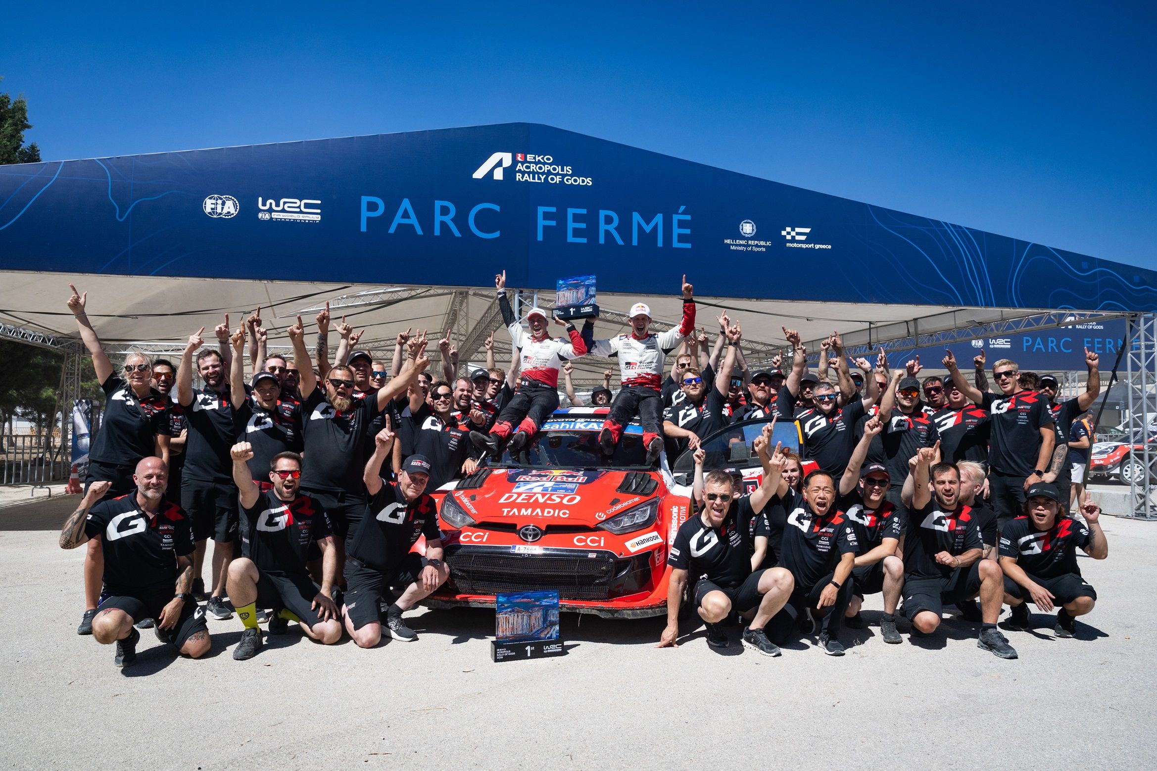 Toyota Gazoo Racing World Rally Team celebrates Sébastien Ogier's victory at the 2026 Acropolis Rally with the GR Yaris Rally1.