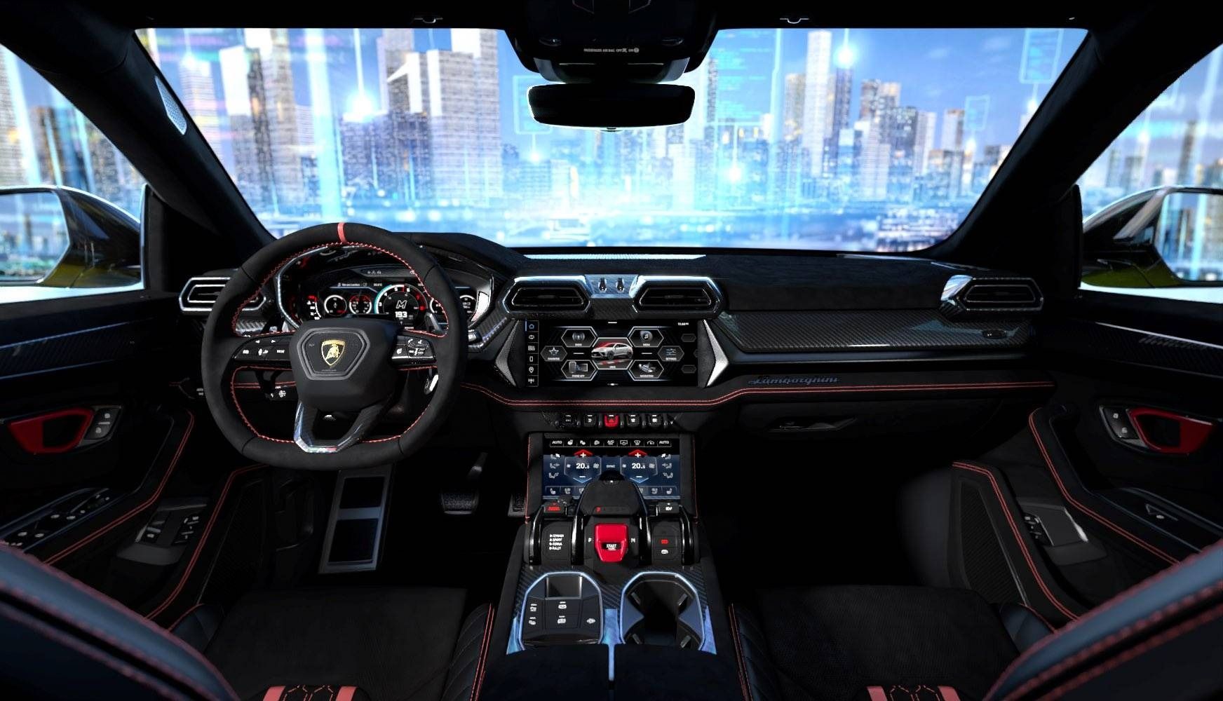 Lamborghini Urus SE Performante dashboard with dual touchscreen infotainment, digital driver's display and premium interior.