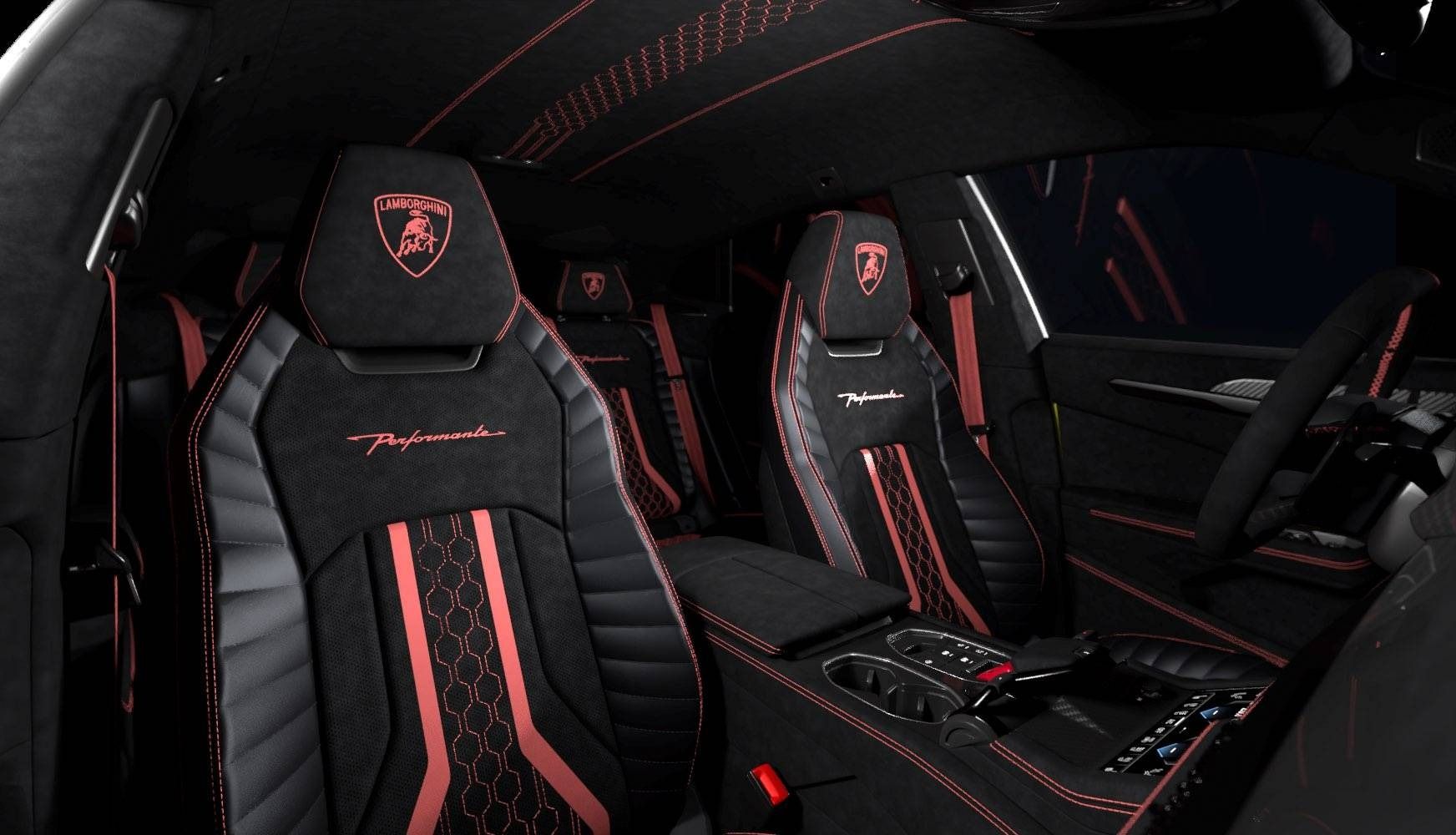 Lamborghini Urus SE Performante front sport seats with Alcantara upholstery, Performante branding and red contrast stitching.