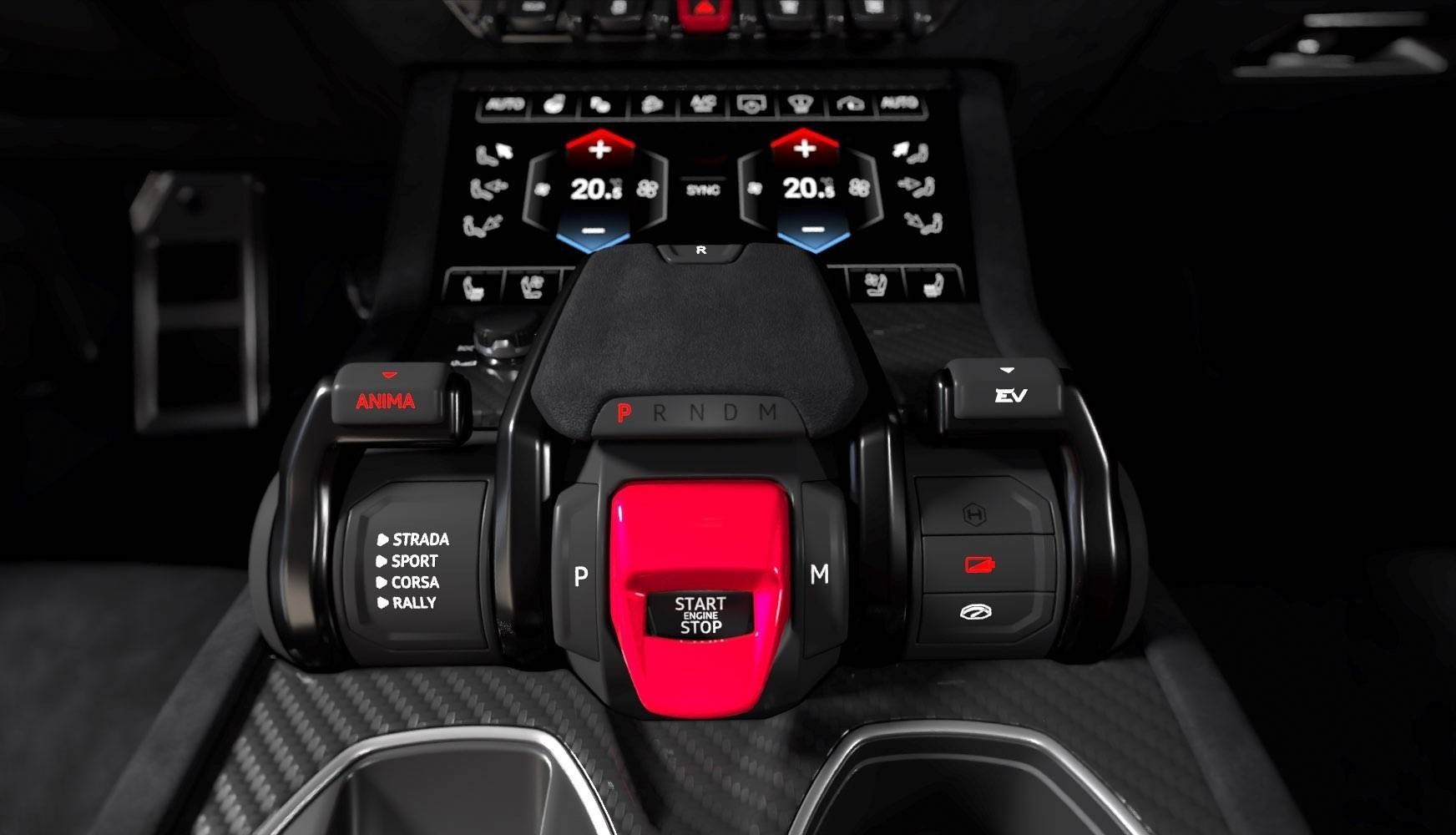 Lamborghini Urus SE Performante centre console featuring ANIMA drive modes, EV controls and aircraft-inspired start button.