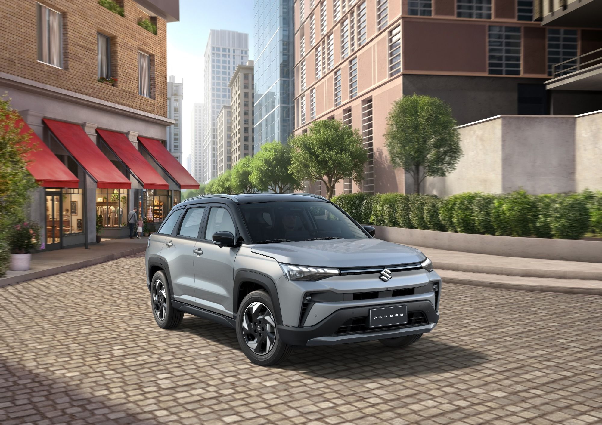 Suzuki Across Hybrid parked in an urban setting with modern SUV design