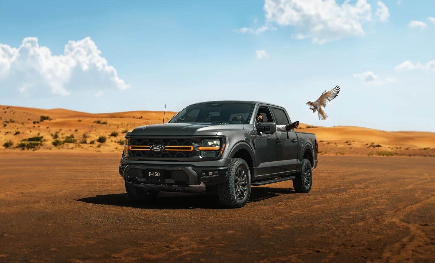 Ford F-150 pickup truck driving through desert terrain with rugged off-road styling