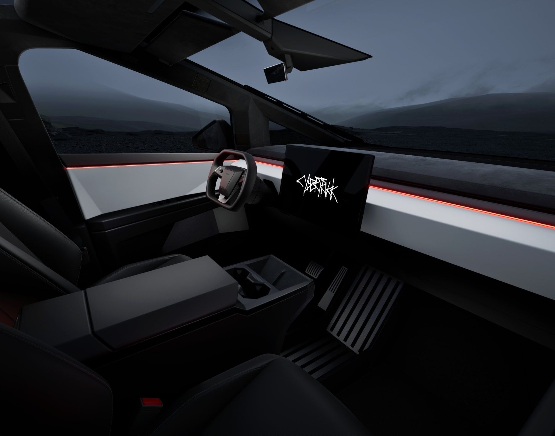 Tesla Cybertruck minimalist cabin with panoramic glass roof, touchscreen display, and ambient interior lighting