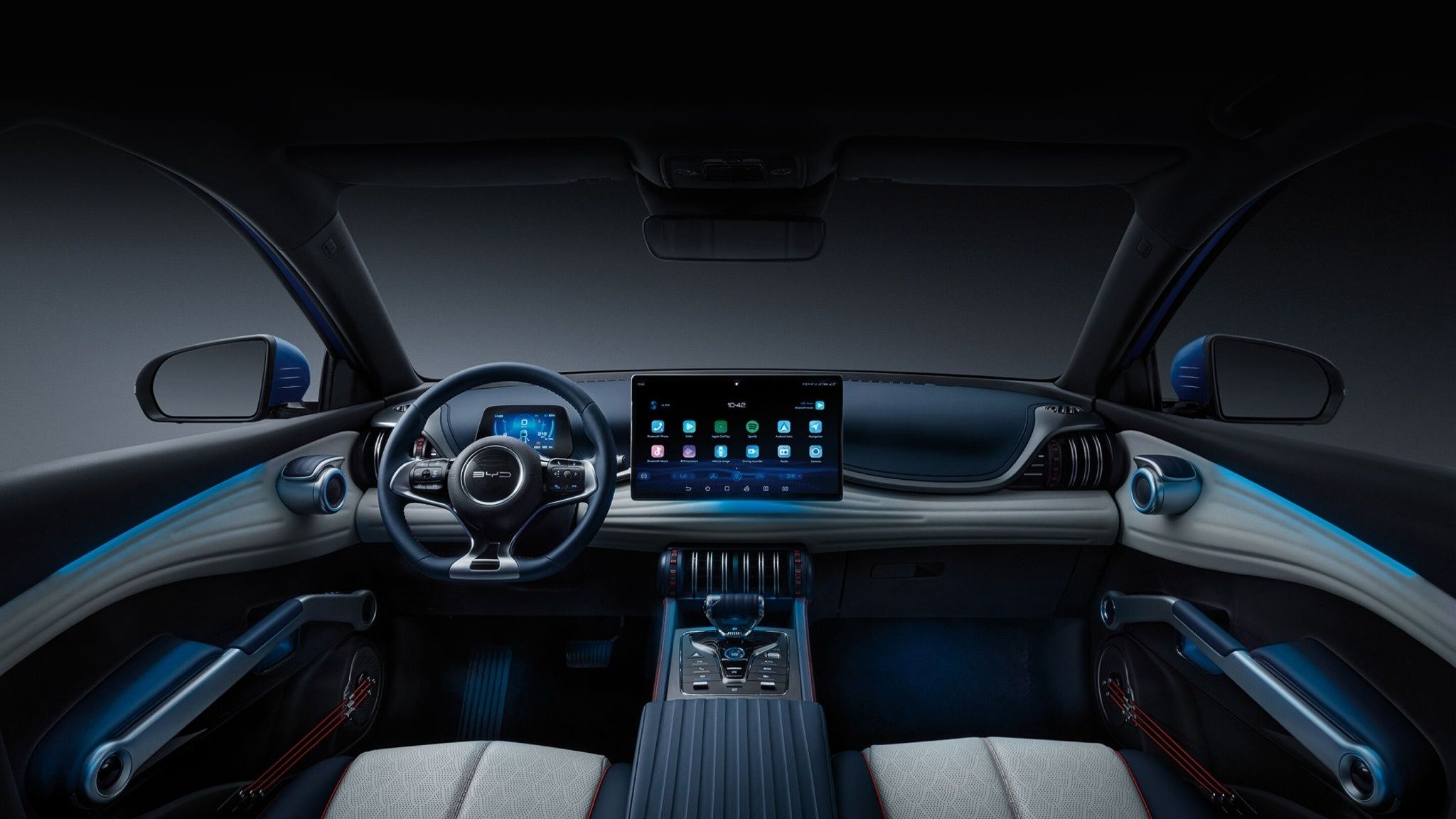 Alt text: BYD Atto 3 premium interior with 12.8-inch rotating touchscreen and digital cockpit