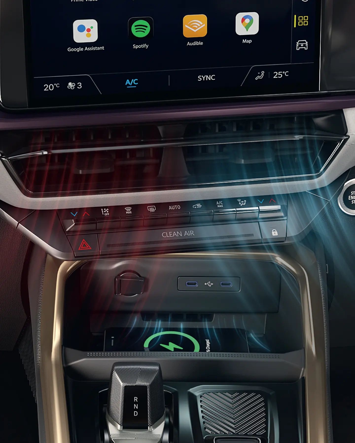Nissan Tekton dashboard with Google built-in, wireless charger and climate controls