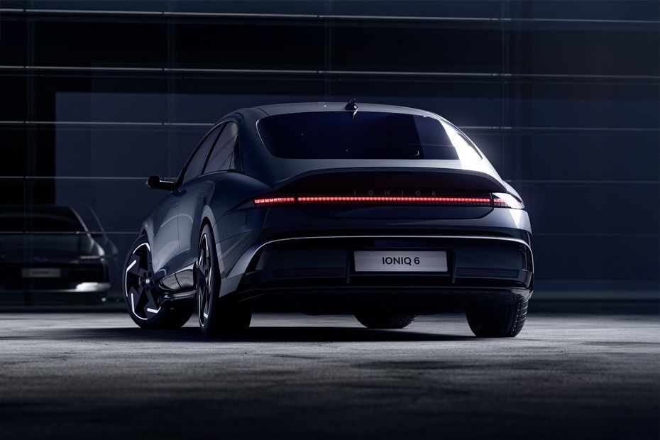 2026 Hyundai Ioniq 6 rear view featuring full-width LED taillight and ducktail spoiler