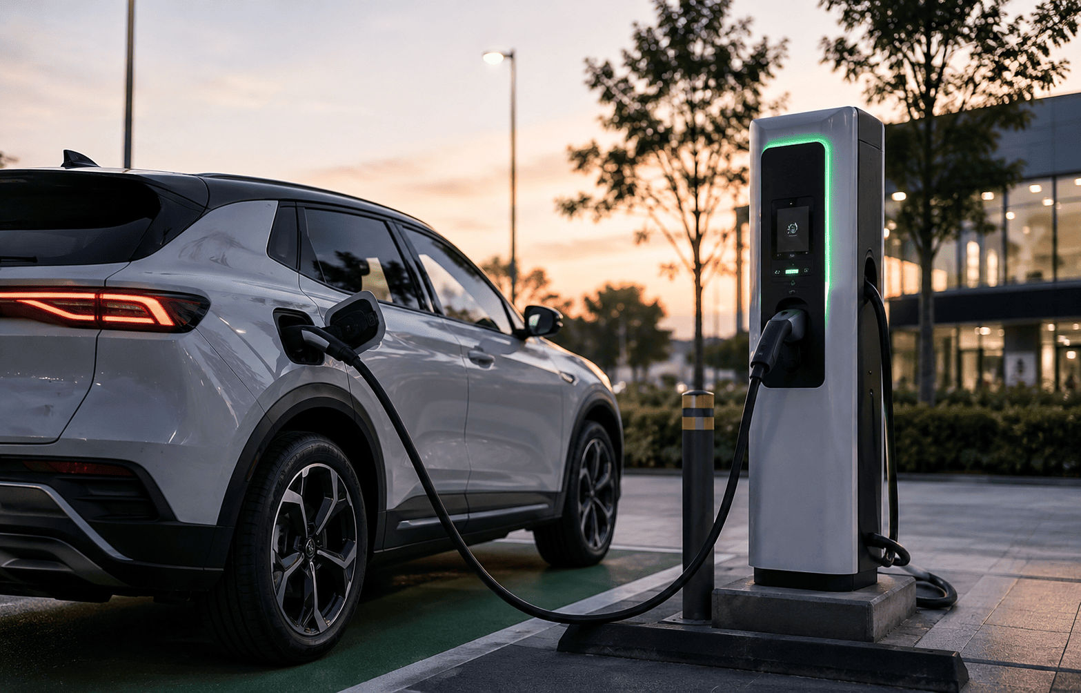 Electric SUV charging at an EV charging station, representing AW Rostamani Group's expansion of electric vehicle charging infrastructure in the UAE.