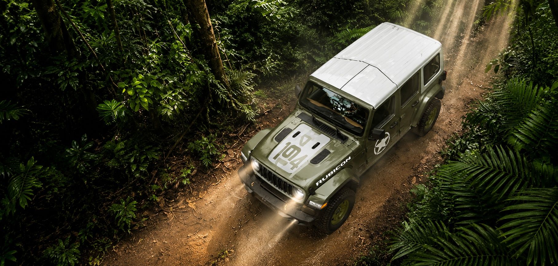 Jeep Wrangler Sarge rear three-quarter view in a forest