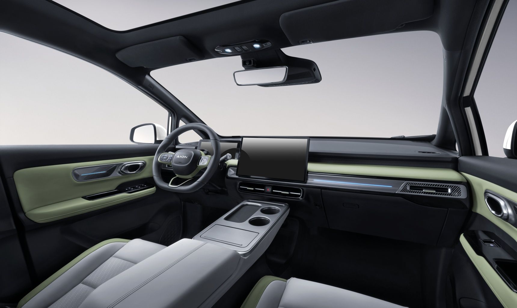 AION Y Plus dashboard with panoramic roof and touchscreen display.