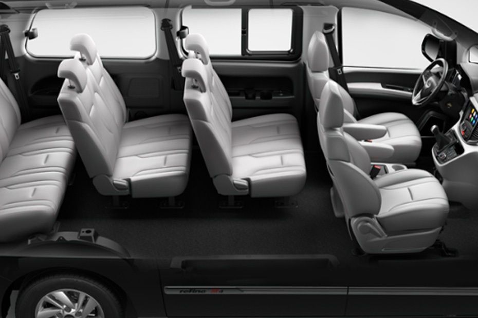 JAC M4 interior showing its spacious three-row seating layout for up to nine passengers.