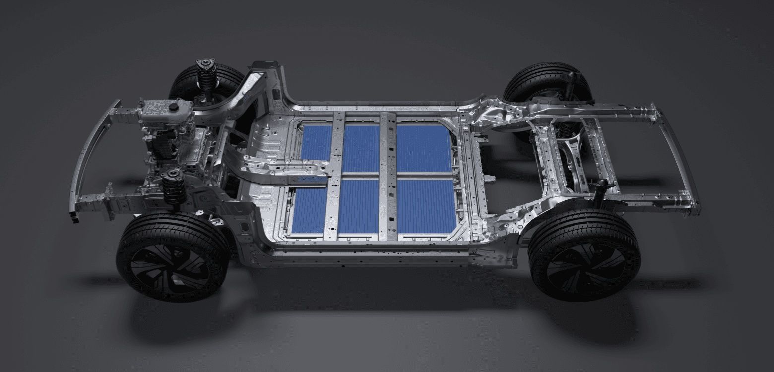 Geely EX5 electric SUV skateboard chassis showing the battery pack and vehicle platform.