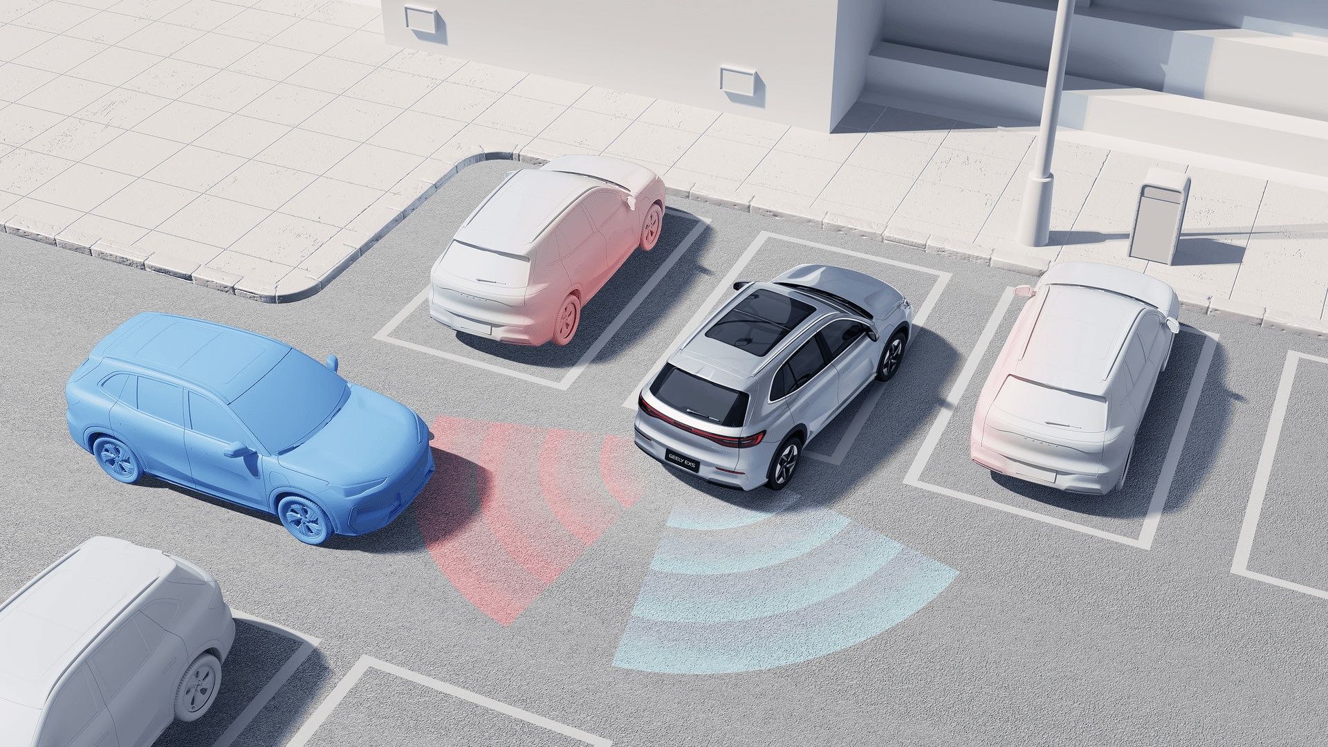 Geely EX5 using its advanced parking assist and 360-degree safety sensors in a parking lot.
