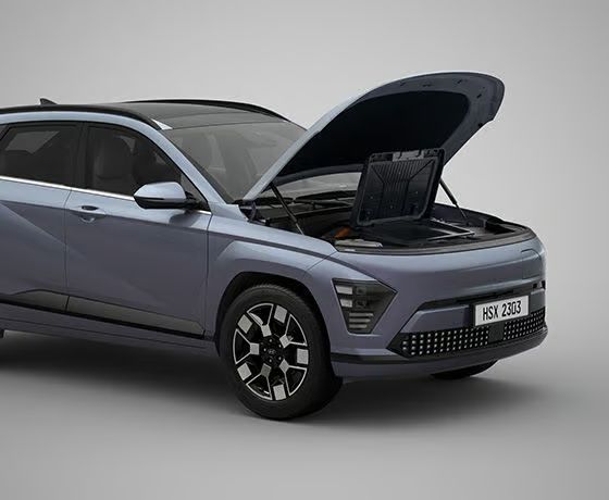 Hyundai Kona Electric front trunk (frunk) providing extra storage space beneath the bonnet.