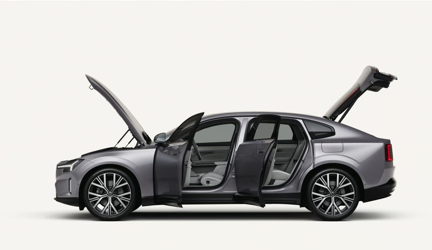 Volvo ES90 with front trunk, rear hatch and doors open