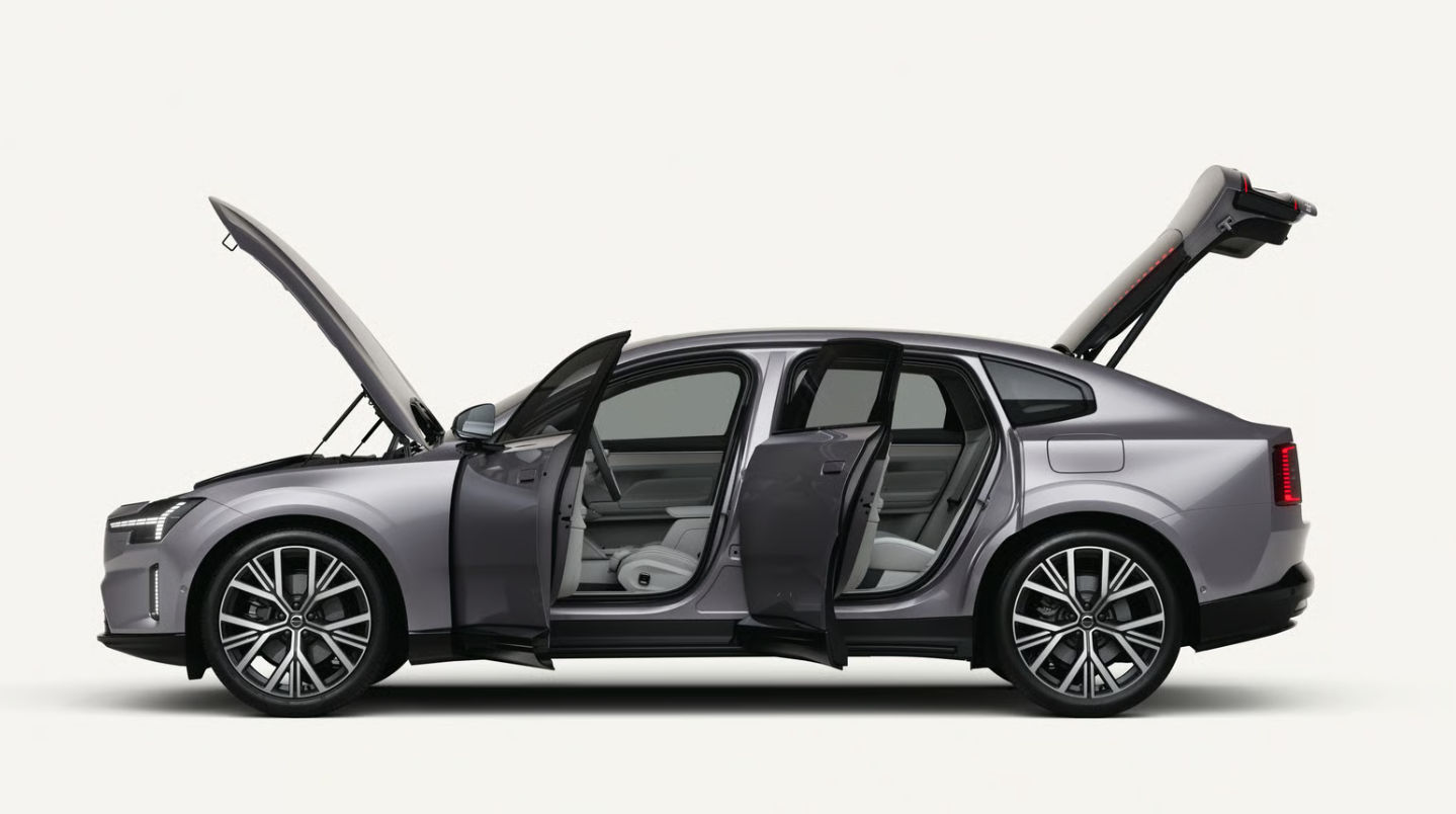 Volvo ES90 showcasing spacious cabin with all doors and tailgate open