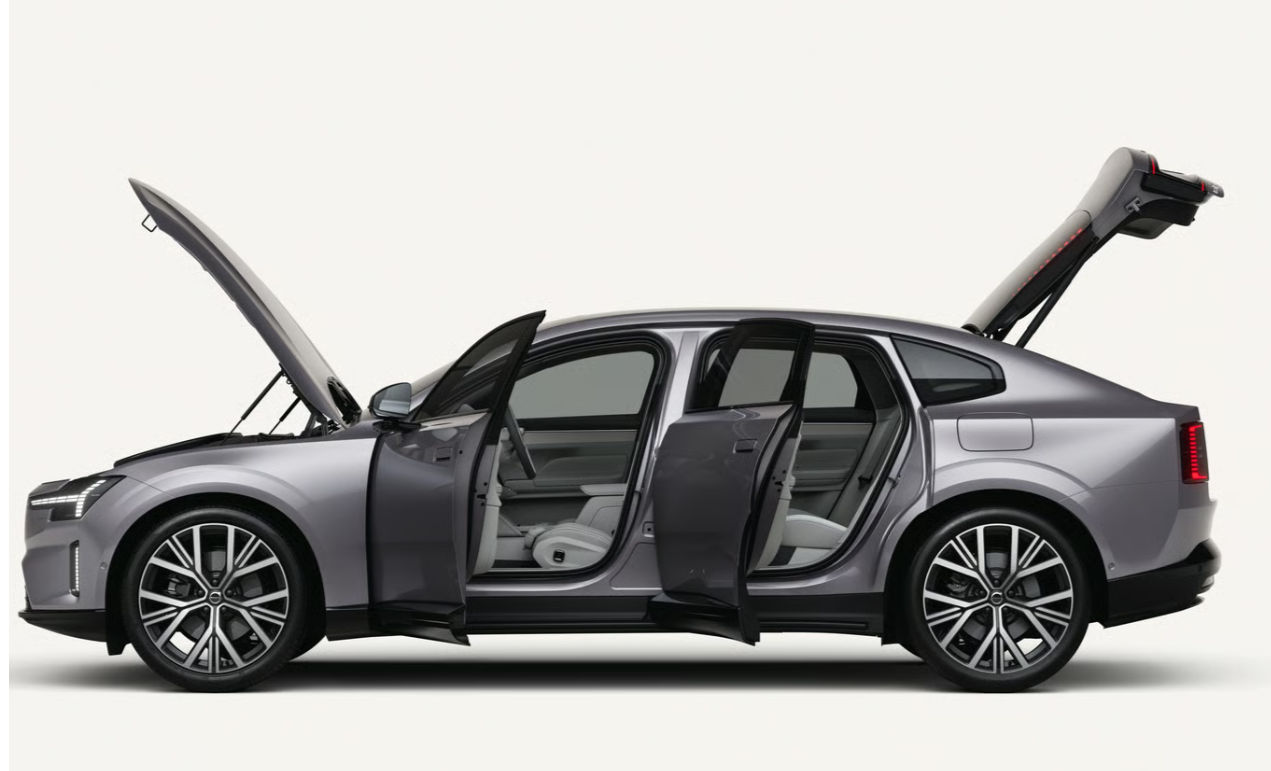Volvo ES90 with all doors, bonnet and tailgate open, showcasing its spacious design