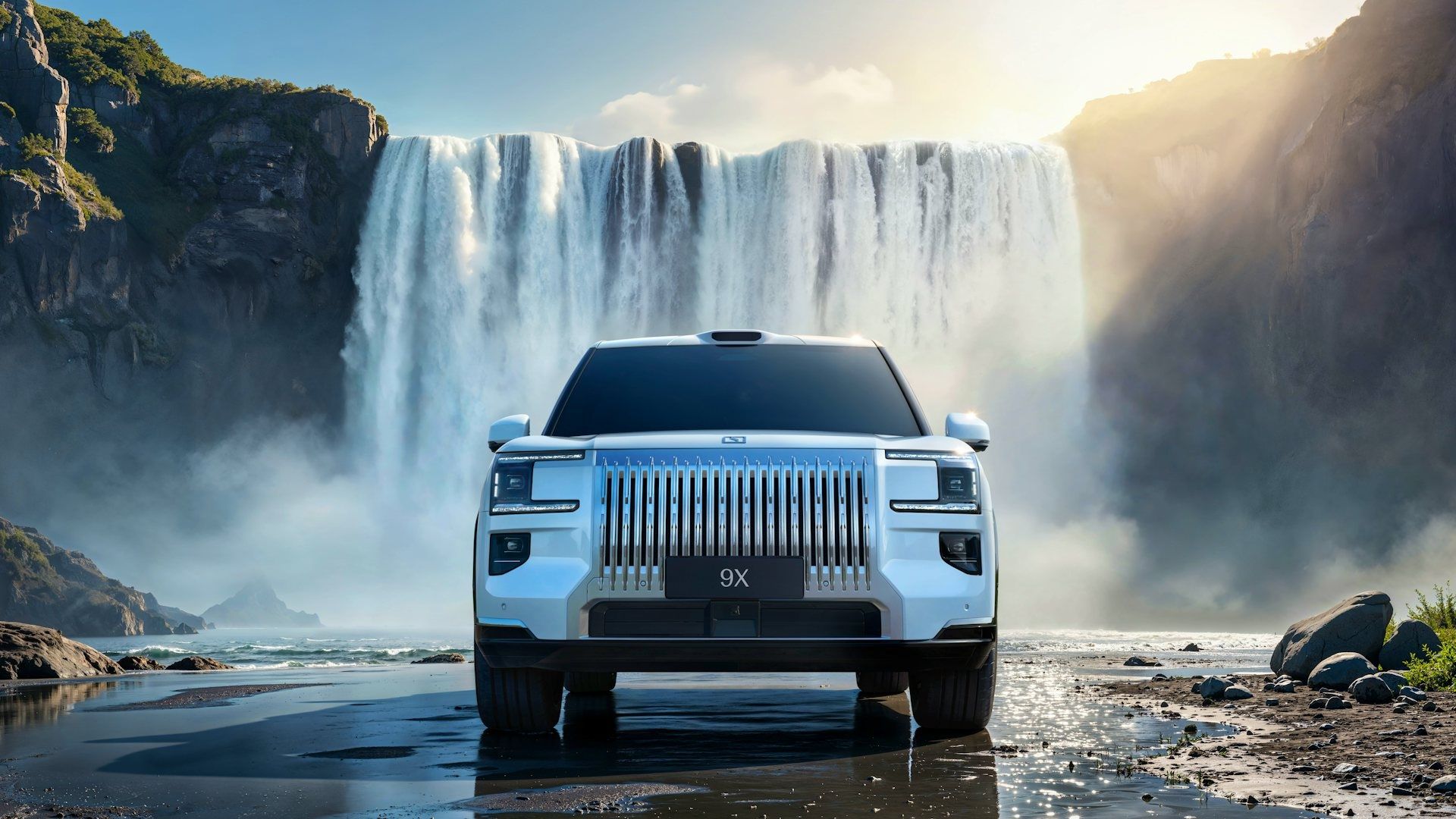 Zeekr 9X front view with waterfall grille and LED headlights near a waterfall