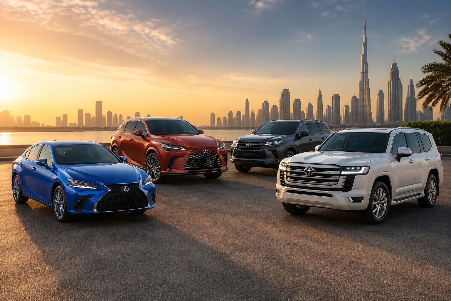 Lexus ES and RX alongside Toyota SUVs on a Dubai waterfront road with the city skyline at sunset.