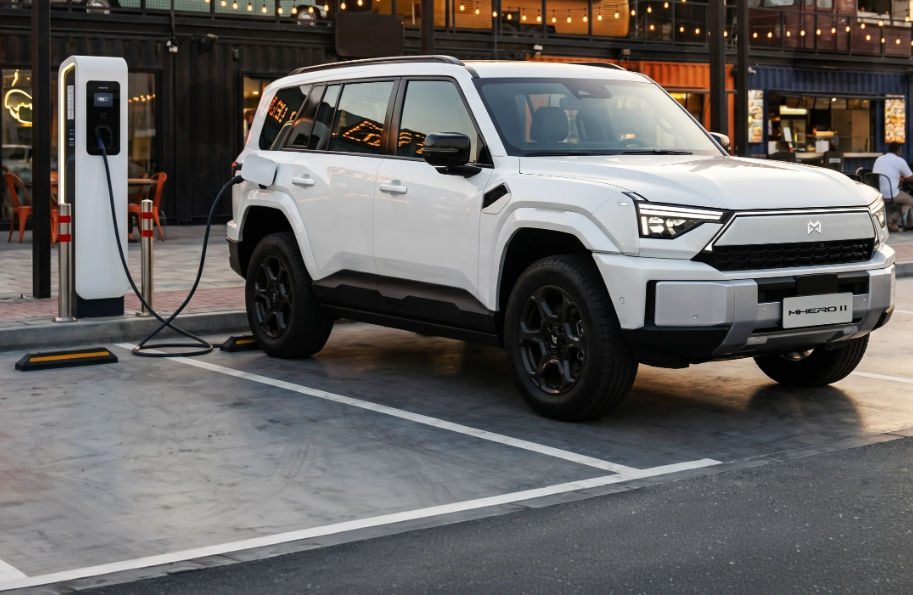 MHERO II SUV charging at an EV station