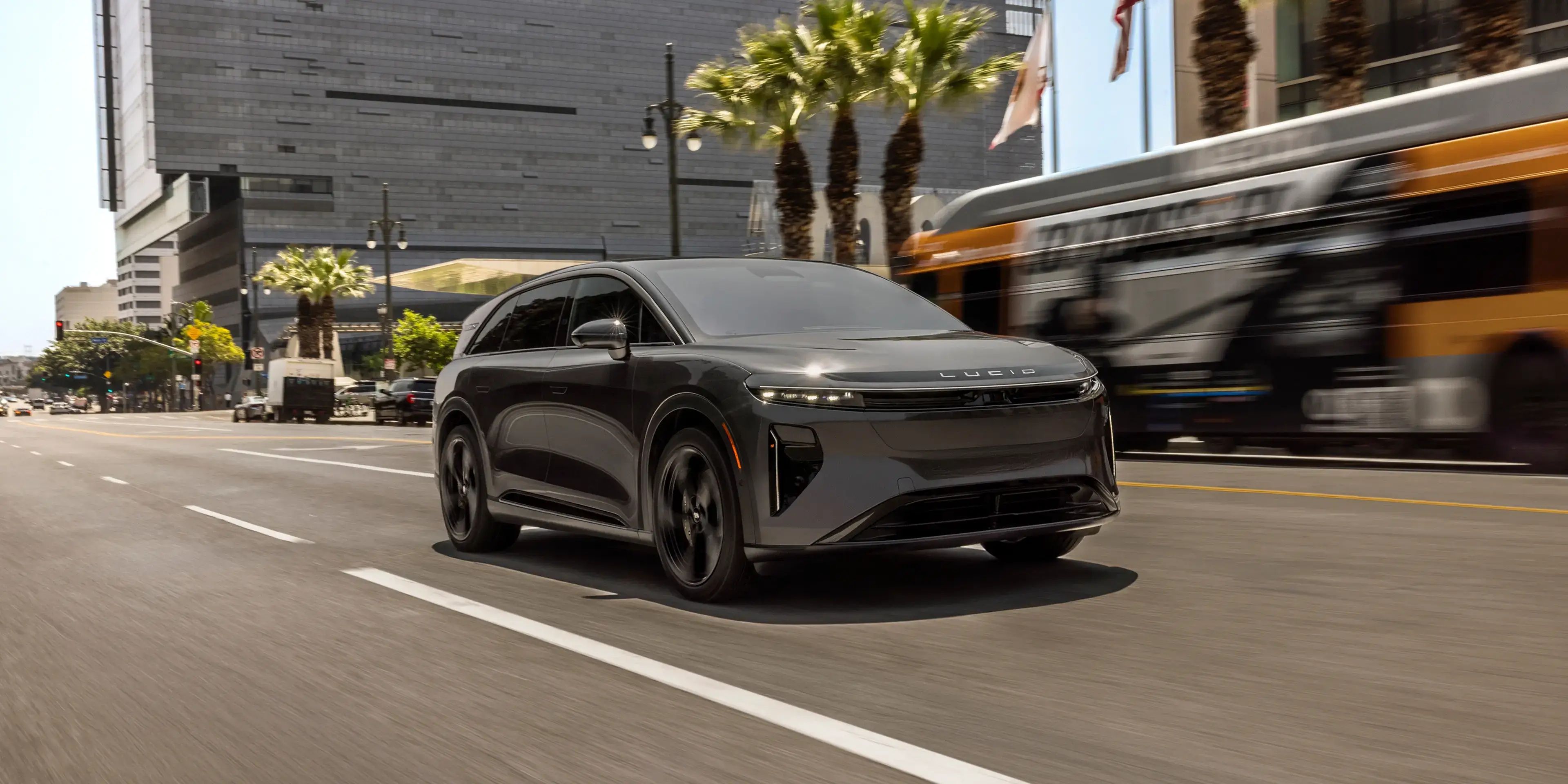 Lucid Gravity electric SUV driving in the city