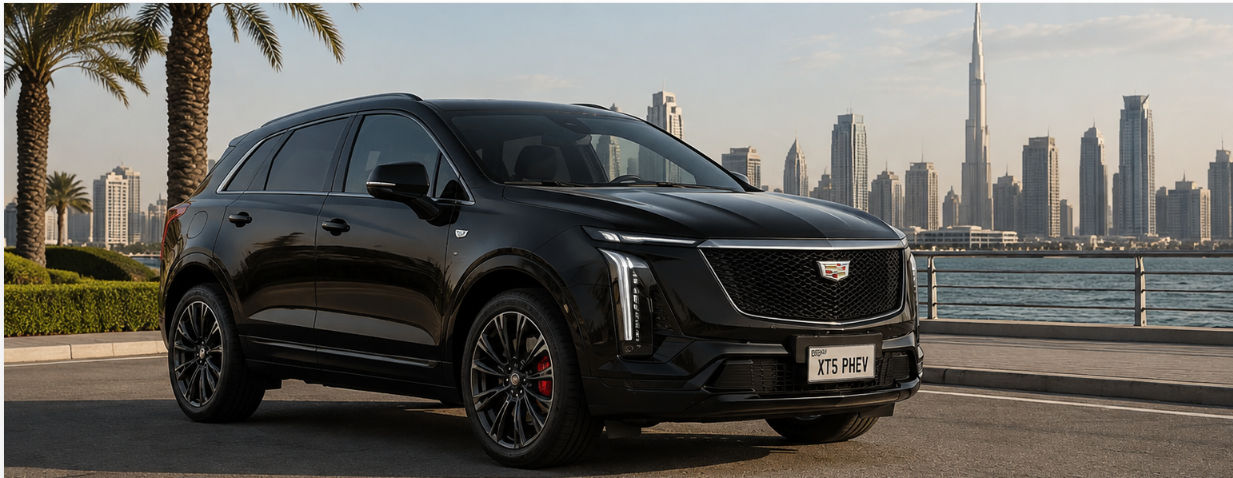 Black Cadillac XT5 PHEV front three-quarter view in Dubai