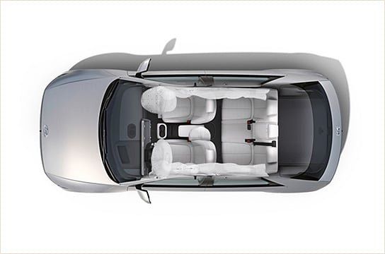 Hyundai IONIQ 5 cabin layout with seven airbags shown from a top view