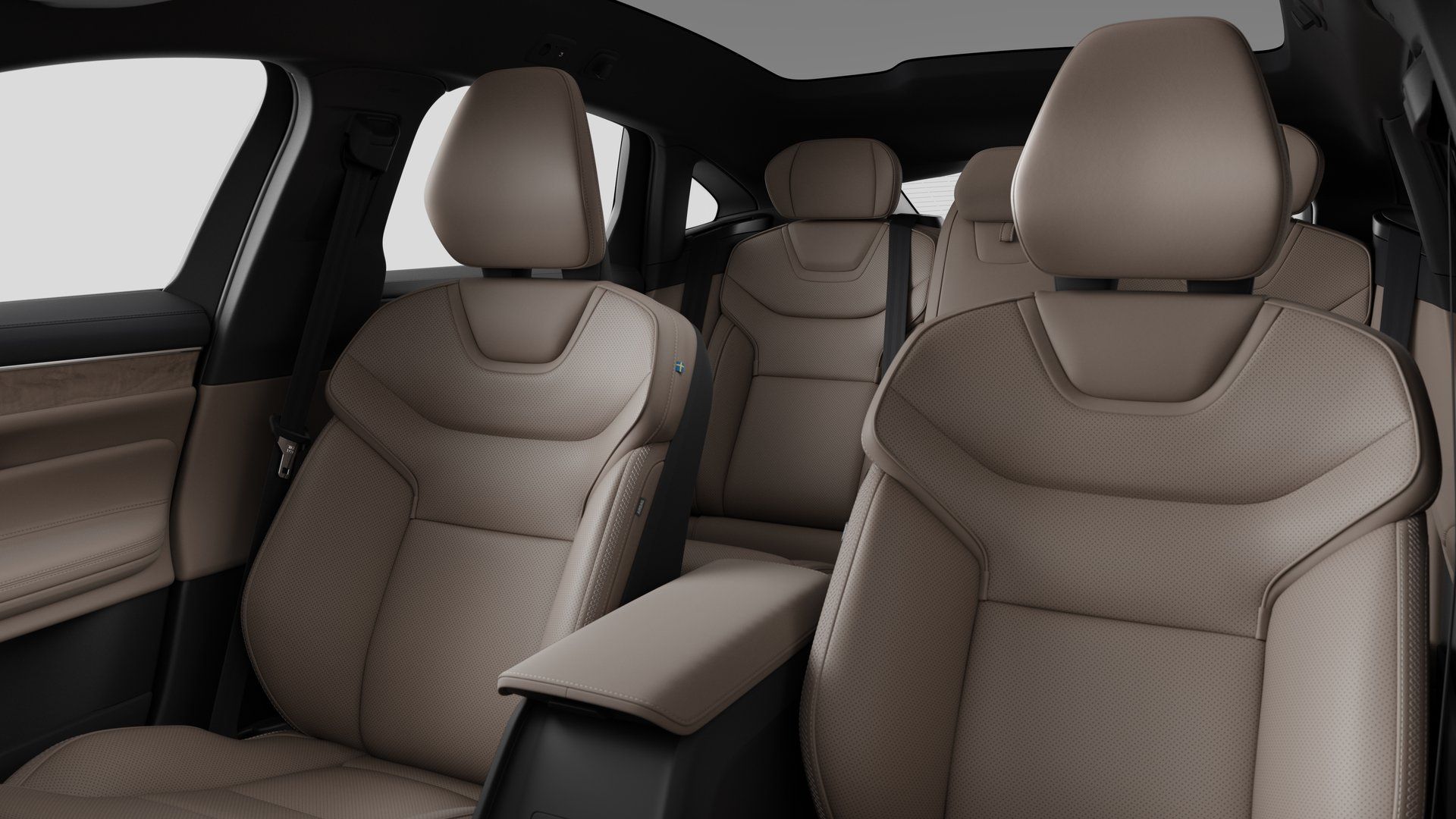 Volvo ES90 interior with premium leather seats and spacious rear cabin.