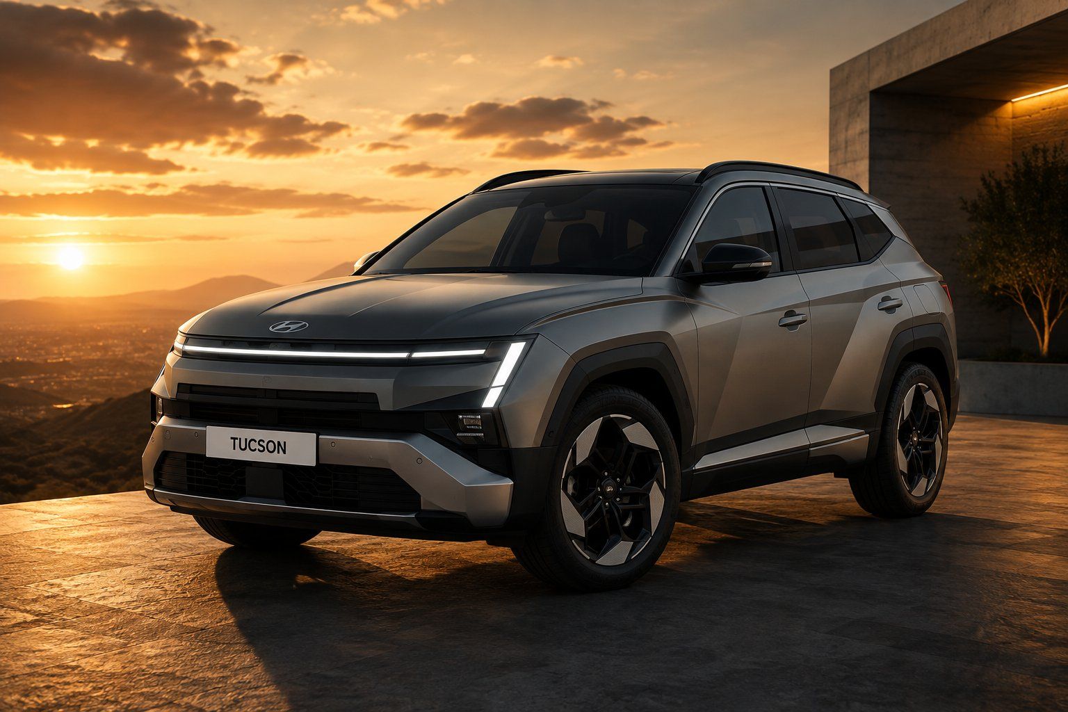 Hyundai Tucson SUV in grey parked on a terrace at sunset with mountains in the background.